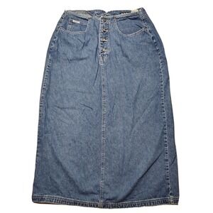 R.V.T. SERVE PIPING HOT Women Size 18 Button Fly 36" Long Denim Blue Jean Skirt